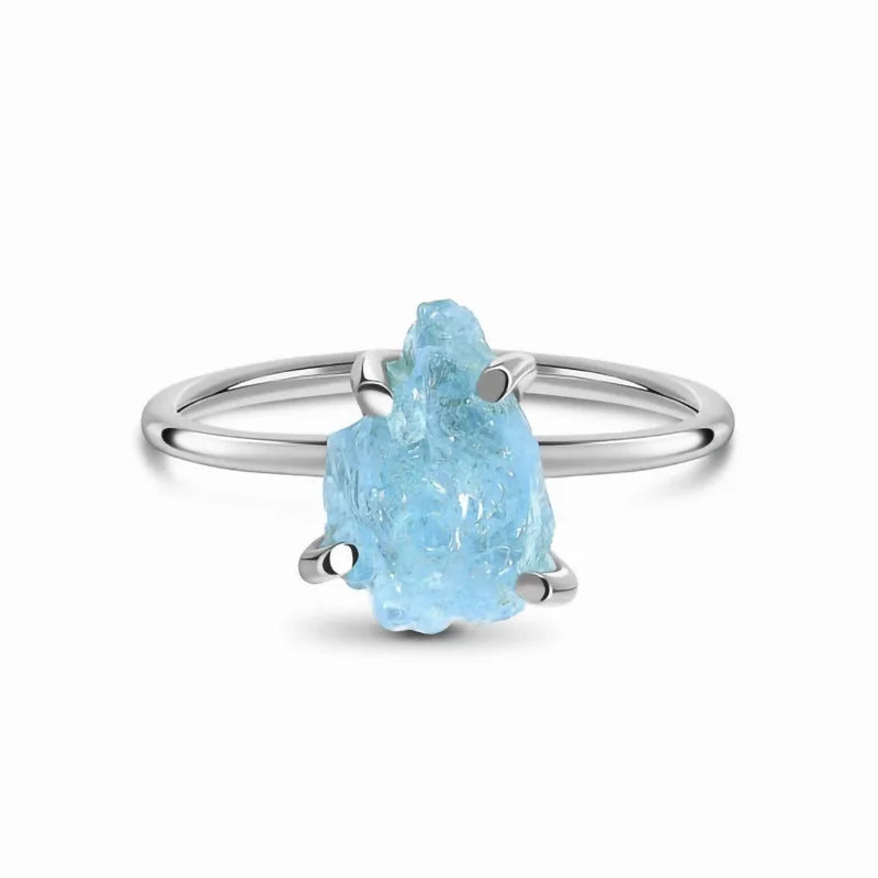 925 Sterling Silver Natural Irregular Blue Aquamarine Raw Stone Claw Setting Finger Ring Jewellery Women