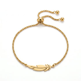 QIAOREN 11087 Minimalist Feather Charm Bracelet Stainless Steel Waterproof Adjustable Gold Bracelet for Women Fashion Jewelry