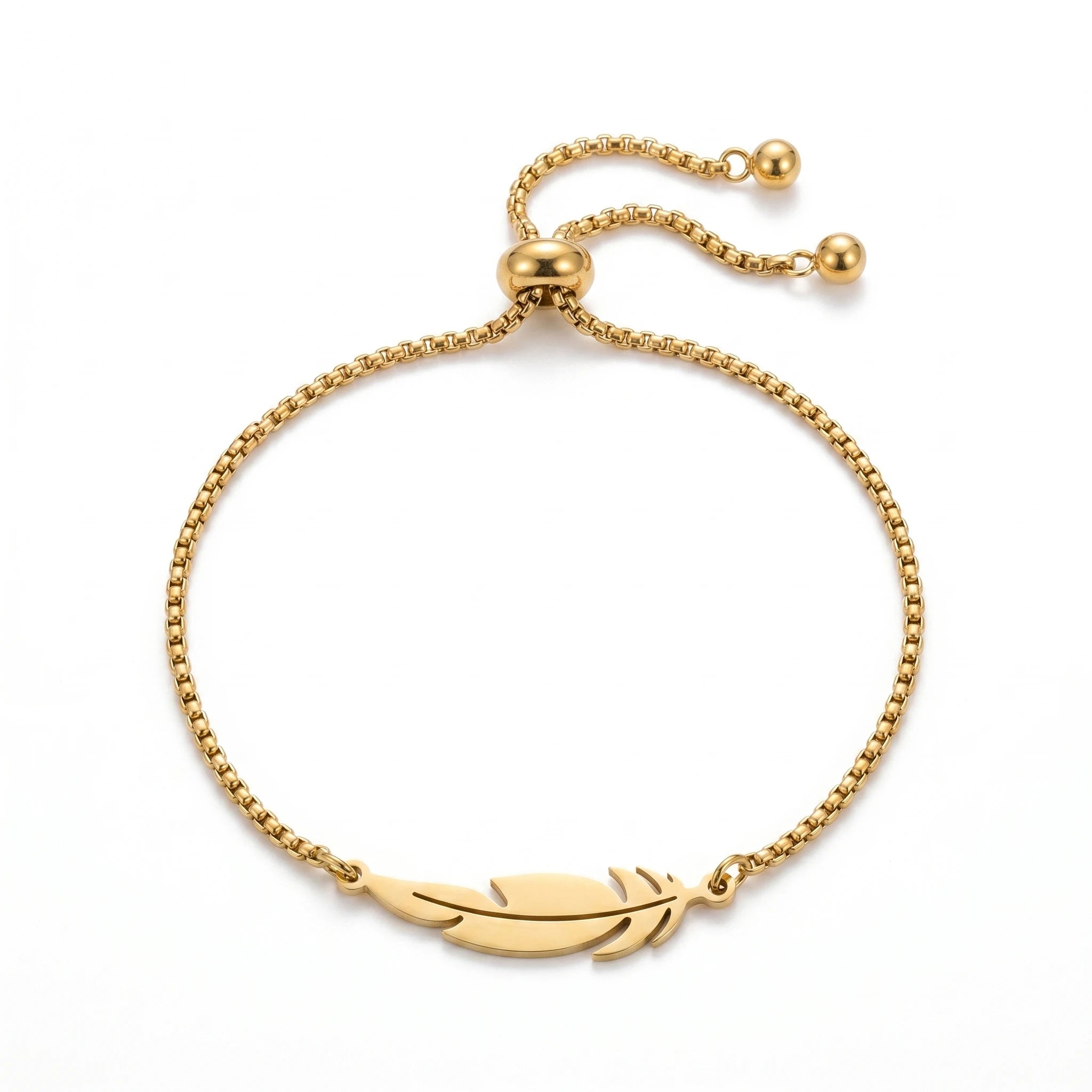 QIAOREN 11087 Minimalist Feather Charm Bracelet Stainless Steel Waterproof Adjustable Gold Bracelet for Women Fashion Jewelry