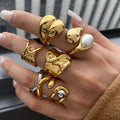 ERESI New Arrival Layers Metal Finger Ring PVD Waterproof 18K Gold Plated Stainless Steel Pearl Stones Ring for Women Jewelry