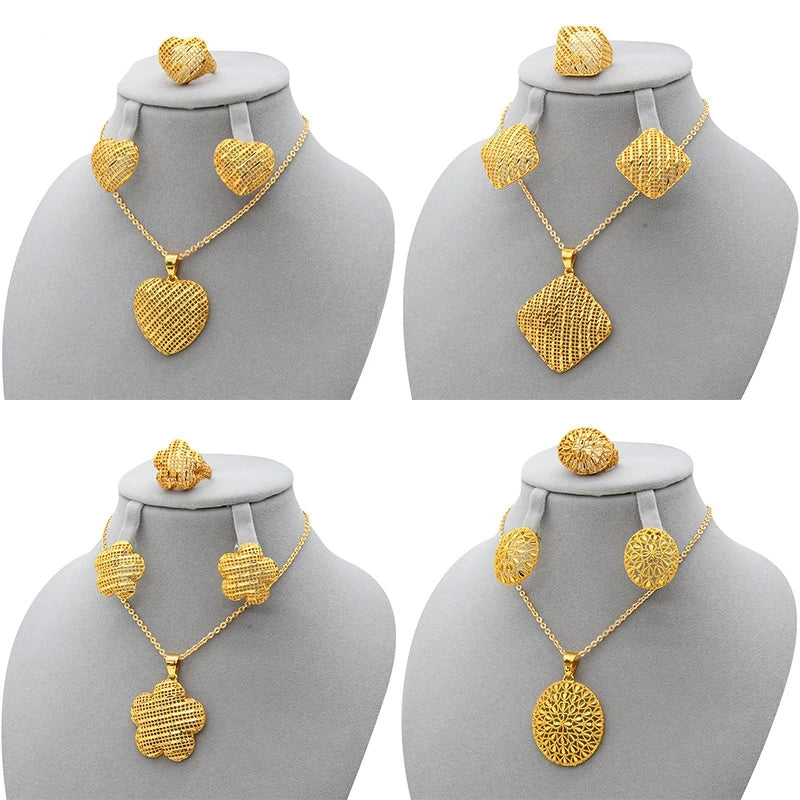 DAIHE New Fashion 24k Gold Plated Bride Jewelry Necklace Earrings Ring Three-Pieces Set