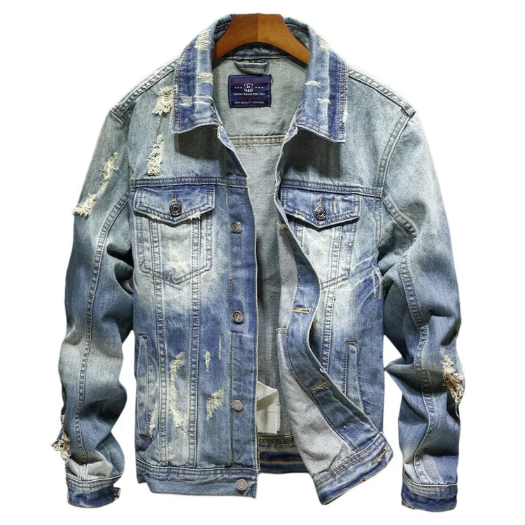 Men's Ripped Denim Jacket Distressed Washed Jean Coat Vintage Style Casual Outerwear for Spring Autumn