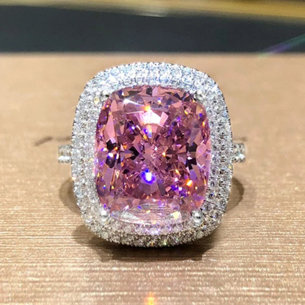 CAOSHI Luxury Women Rings Factory Price Pink Cushion Cut Diamond Ladies Ring Exaggerated Party Engagement Big Crystal Woman Ring