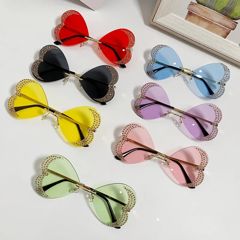 Women UV400 Protection Vintage Metal Rimless Heart Sunglasses Eyewear Rhinestone Shiny Heart Sunglasses
