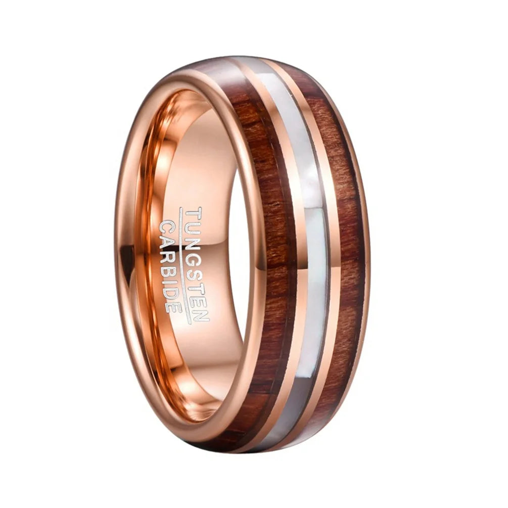 Alin Fashion Full Polished Rose Gold Tungsten Carbide Rings Wood and White Shell Inlay Domed Tungsten Rings