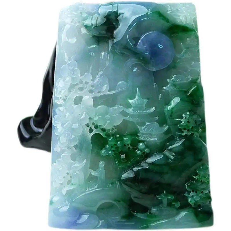 Myanmar a Type Carved Character Landscape Artistic Conception Brand Jade Green Landscape Pendant Emerald Pendant 62.55