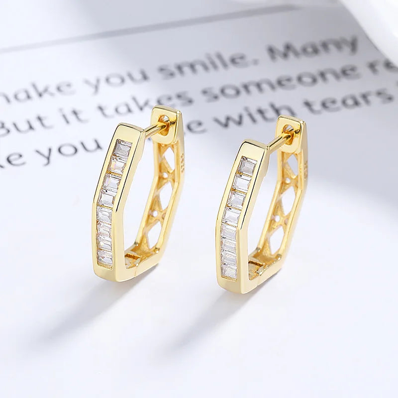 American European Fine Jewelry 925 Sterling Silver Earring Geometric Polygon Row of Zircon Gold Plated Hoop Earrings Women