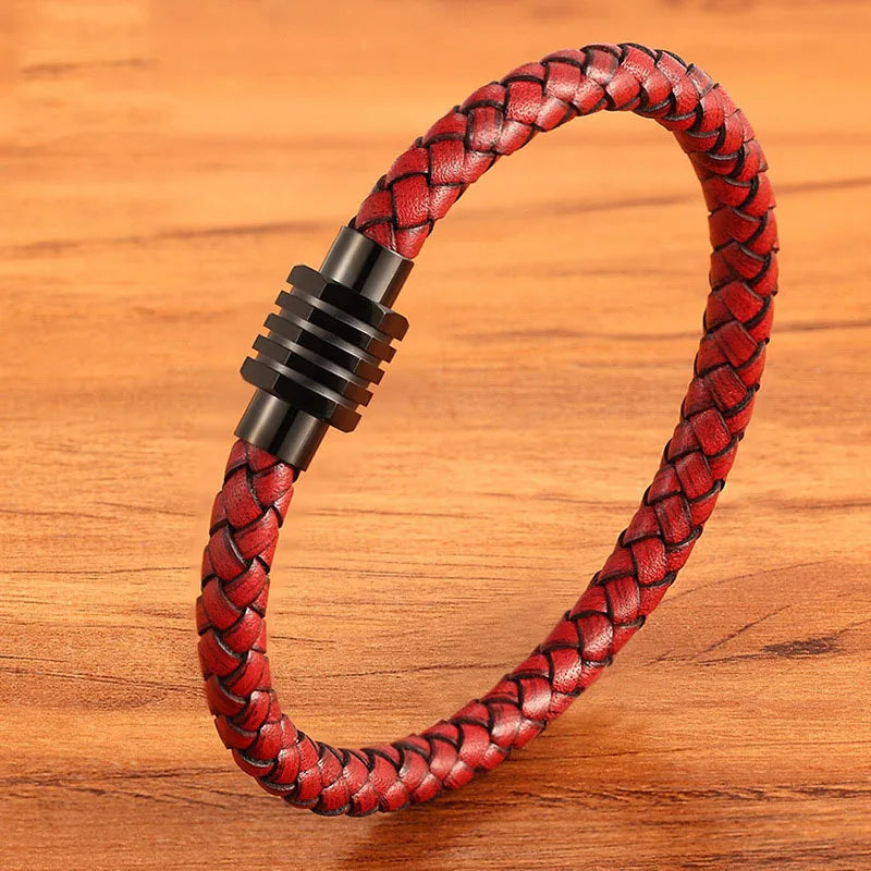Wholesale Handmade Braided Men Red Genuine Leather Bracelet Stainless Steel Magnetic Clasp Jewelry Bangle for Men OT-302