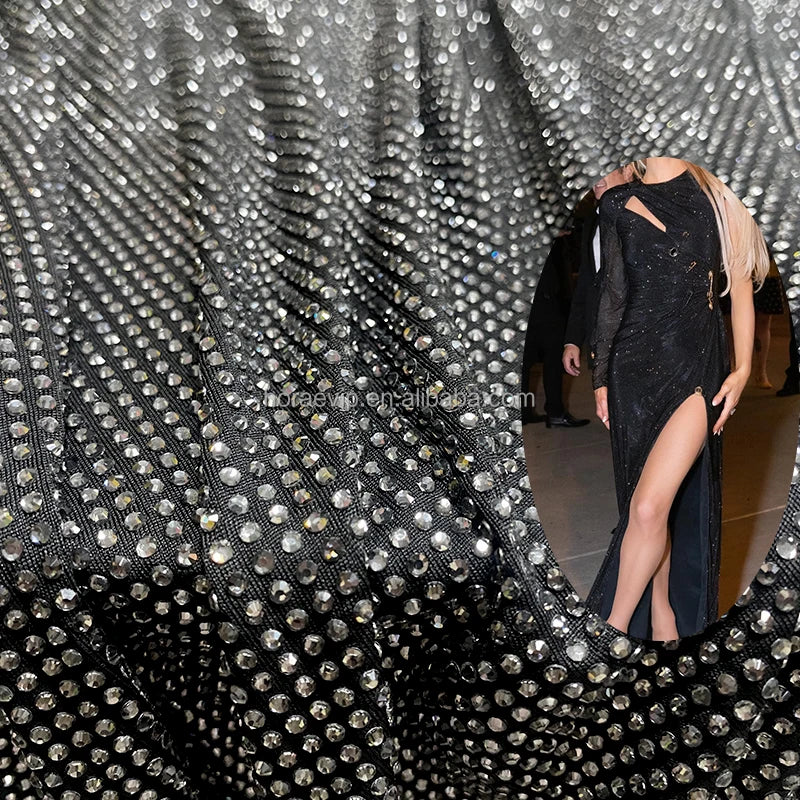 Black Silver Rhinestone Fabric Crystal 4 Way Stretch Fabric Poly Spandex Rhinestone Fabric