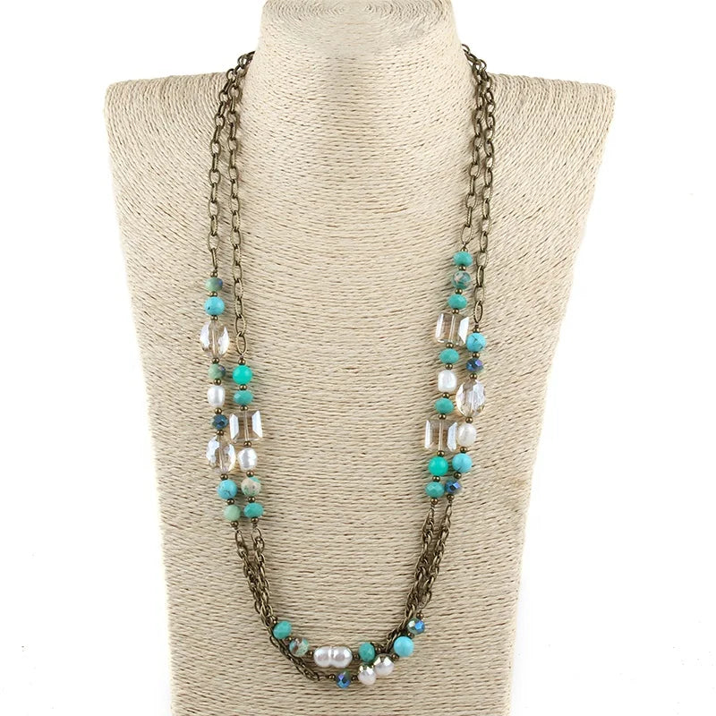 Fashion Bohemian Women Gift Jewelry  Long  Necklace 2pc/set Natural Stone Crystal Glass Freshwater Pearl Collar De Perlas