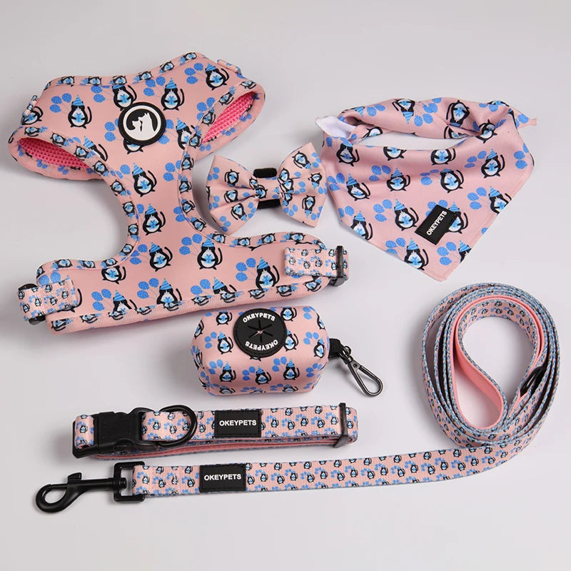 OKEYPETS Six-Piece Pet Product Accessories Printed  Personalized Dog Collar Harnesses Walking Custom Dog Leash Set