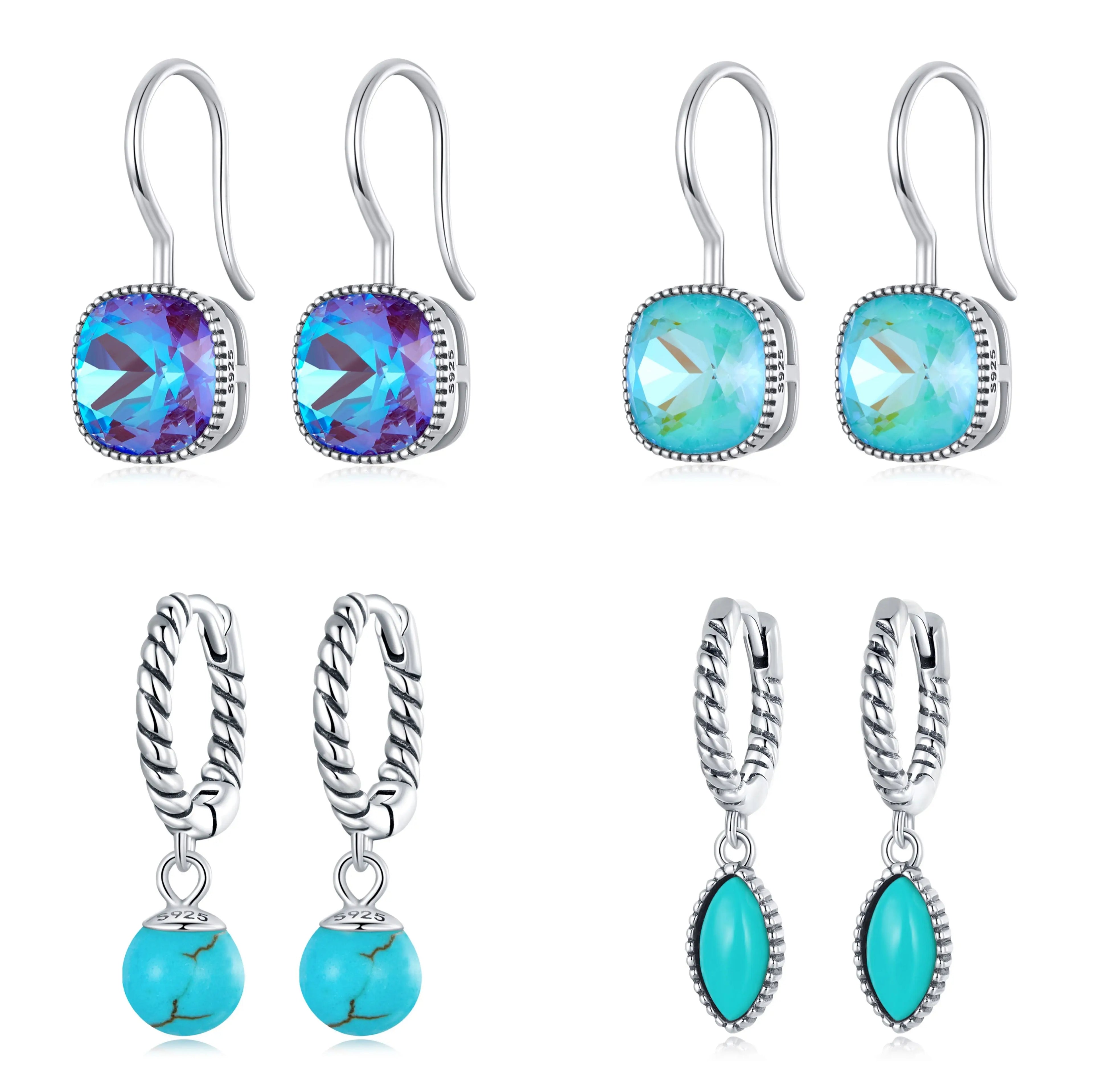 Jiangyuan Women Fine Silver Jewelry S925 Sterling Silver Heart butterfly Blue Zircon Stone Drop Earrings Wholesale Custom