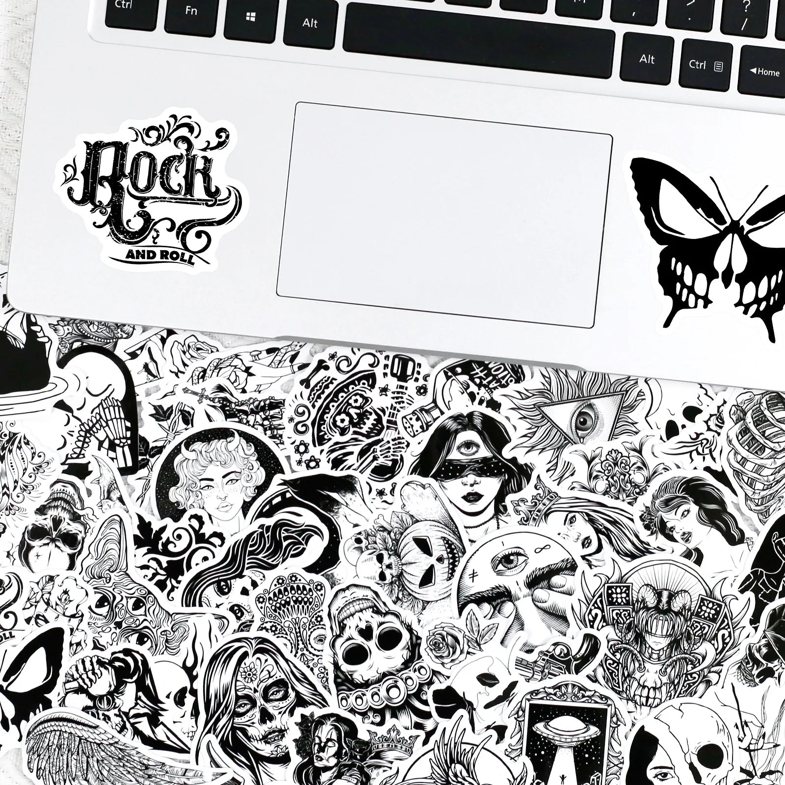 E-50pcs Black and White Gothic Horror Series Stickers Punk European American Gothic Cool  Stationery Bike Guitar