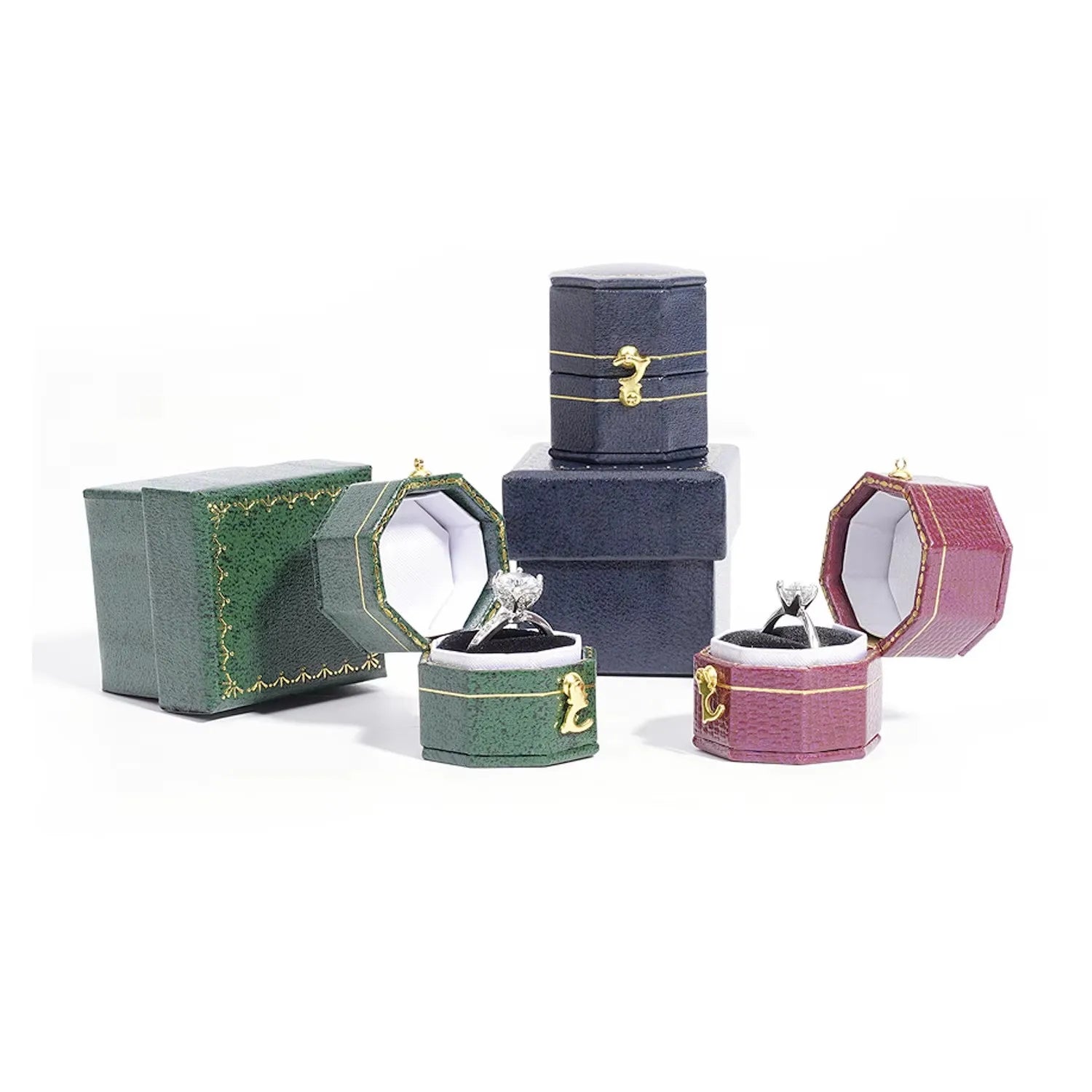 Mini Navy Blue Octagon Style Real Leather Tiny Jewelry Box Set Handmade Cute Gift Box with Lid Lock Pull-up for Dropshipping