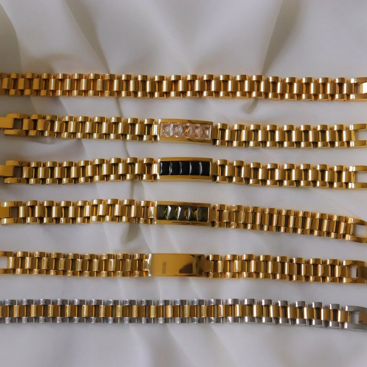 12mm Width Stainless Steel Zircon Watchband Bangle Bracelets 18k Gold Plated Coarse Chain Link Watch Band Bracelet Wholesale