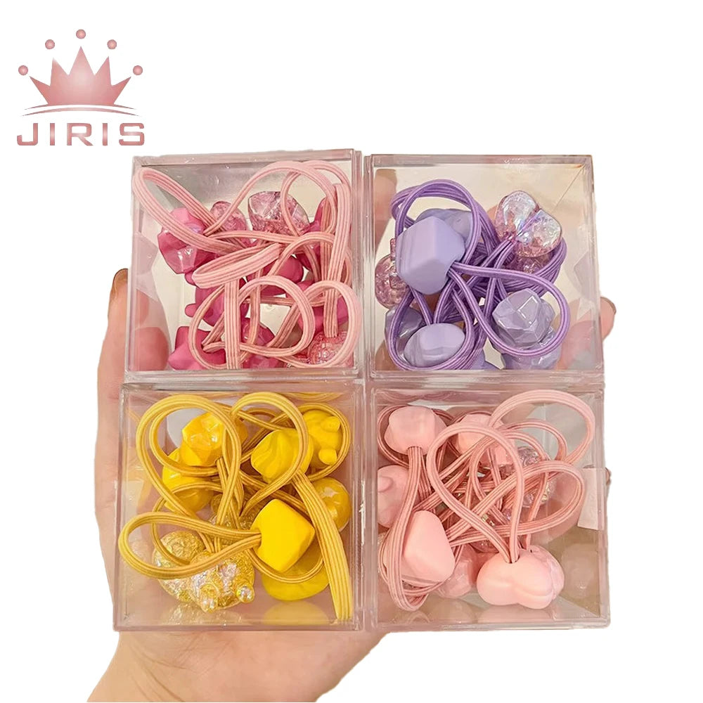 JIRIS 2023 Korean Fashion Candy Color Elastic Hair Ties Heart Square Bunny Shape Charm Hair Ties 10pcs Hair Ties Box for Kids