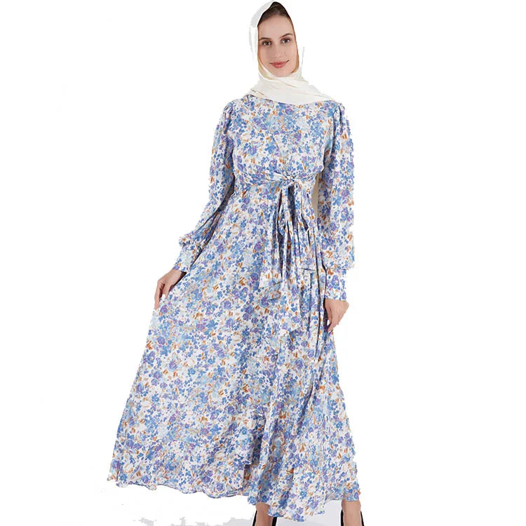 Womens Muslim Abaya Floral Dress Natural Fresh Floral Skirt Long Sleeve Islamic Maxi Dress Loose Chiffon Abaya for Kaftan Dubai