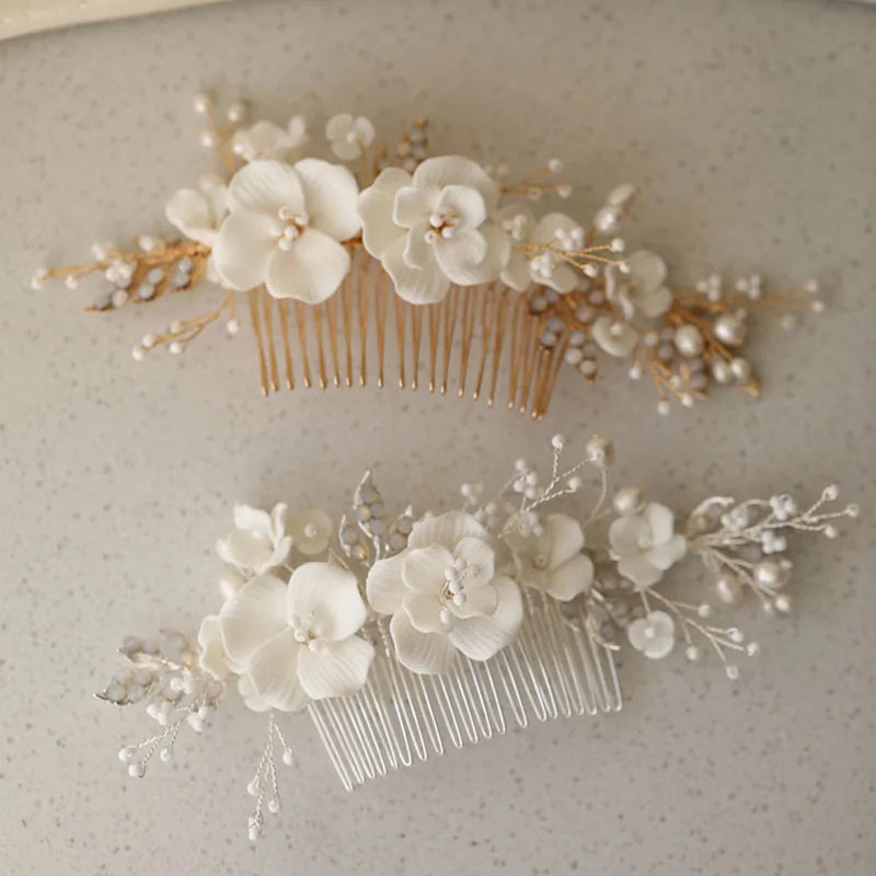 SLBRIDAL Opal Crystal Rhinestone Freshwater Pearls Ceramic Flower Bridal Hair Comb Wedding Hair Accessories Women Hair Jewelry