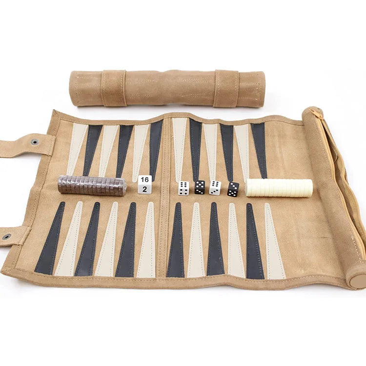 Leather Rolled Portable Lightweight Backgammon Game Set Roll up Travel Game