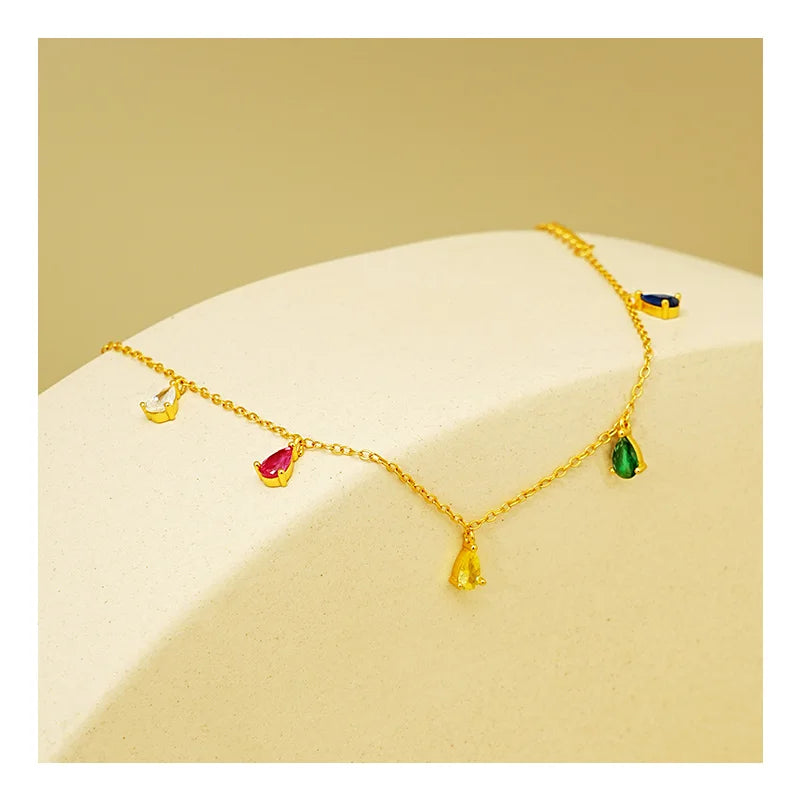 Women's Summer 925 Sterling Silver Water Drop Charm Necklace Bracelet 18K Gold Plated with Colorful Zircon for Wedding or Gift