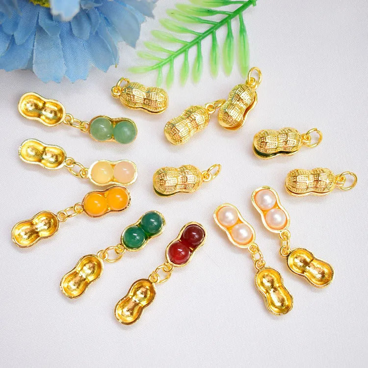 JF8753 18K Gold Plated Peanut Shaped Pendant with Natural Agate Pearl Gemstone Beads Good Luck Charm Pendant