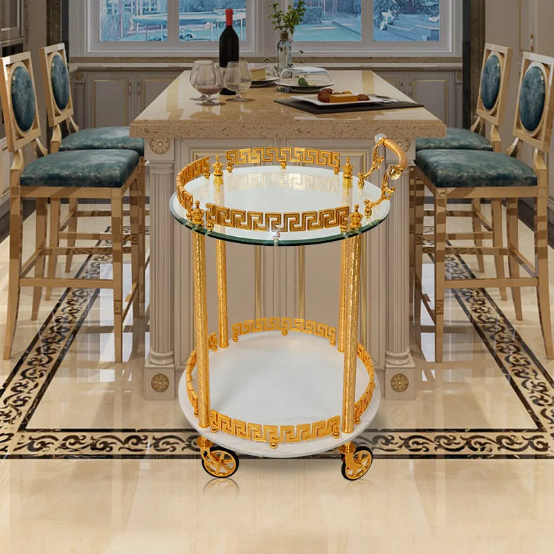 European Elegant White Rock Slab Dining Car Wedding Decoration Hotel Family Trolleys Luxury Golden Copper Dining Cart
