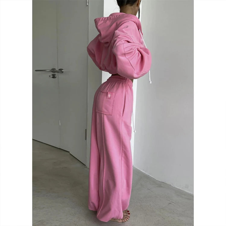 Wholesale Women Tracksuit Sweatsuit Set Custom Streetwear Jogging Suit 2 Piece Cropped Zip up Hoodie and Jogger Pants Set