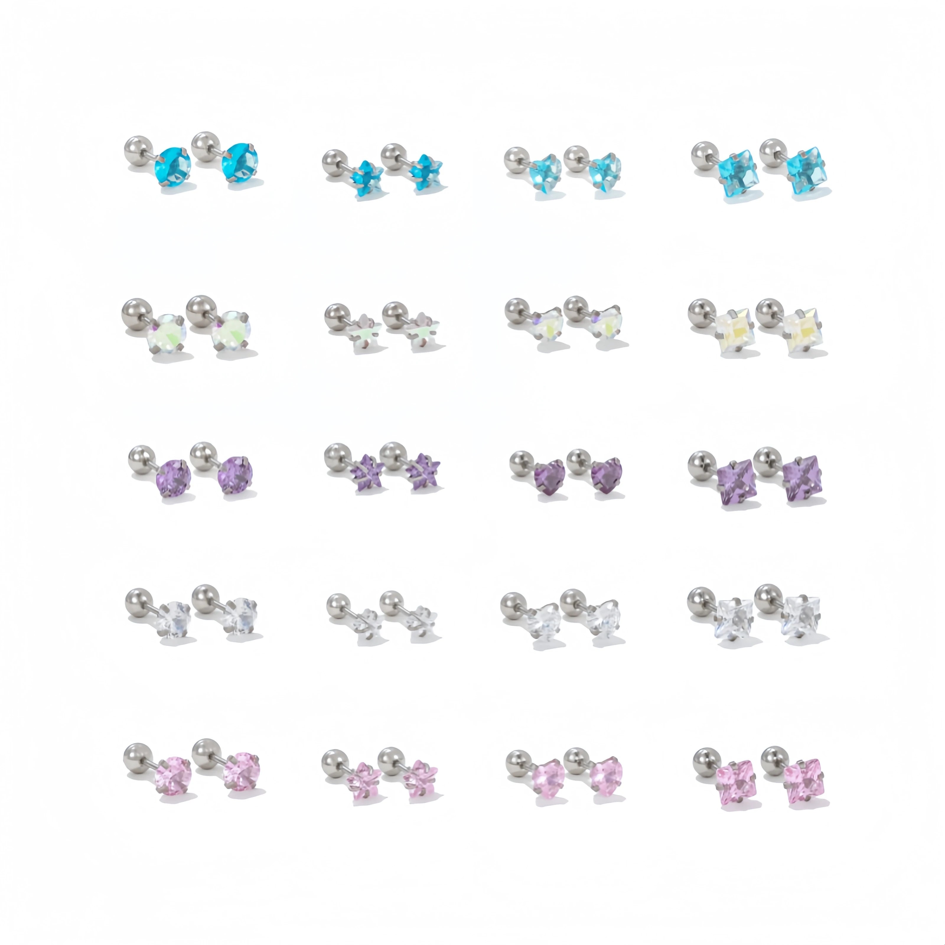 Simple Fashion Geometric Heart Star Round Square Shape Color Zircon Screw Studs Earrings Women Piercing Exquisite Ear Bone Nails