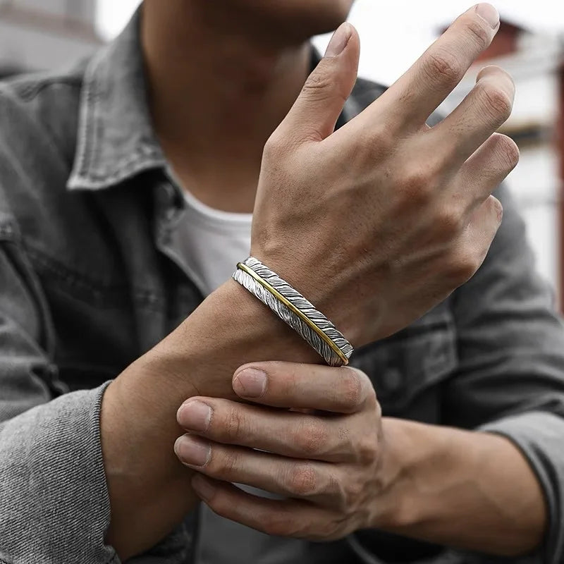 S925 Silver Retro Old Takahashi Arabesque Pattern Feather Open Bracelet Personality Trendy Punk Hiphop All-match Bangles