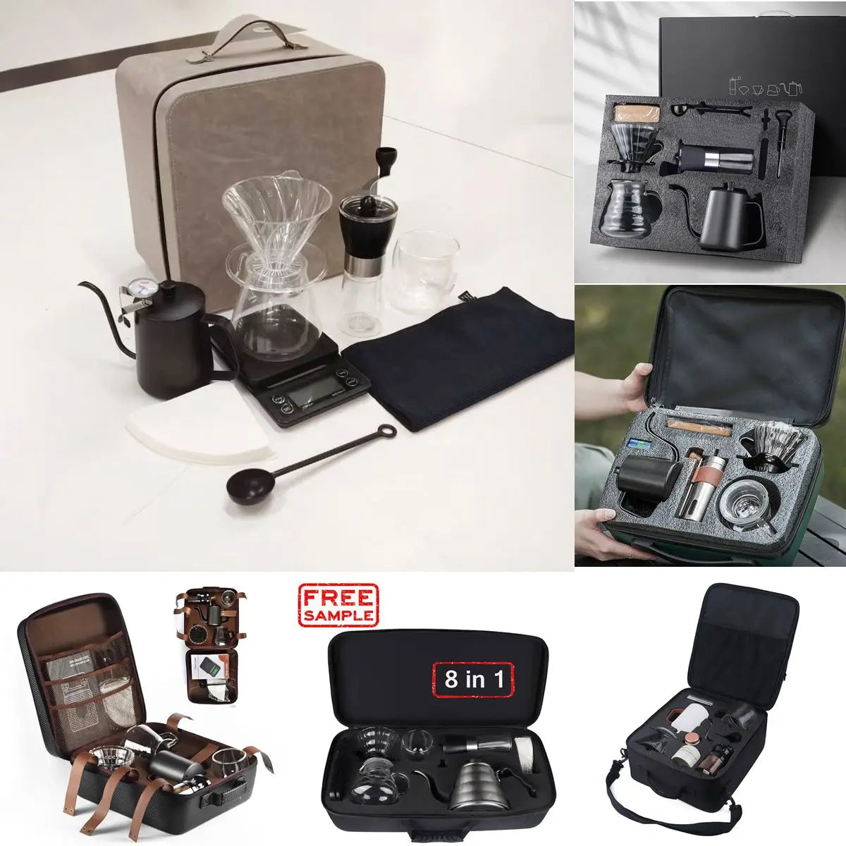 8PCS Pour Over Coffee Accessories Set Coffee Maker Suitcase Barista Tool Travel Bag Coffee Set for Outdoor Travel