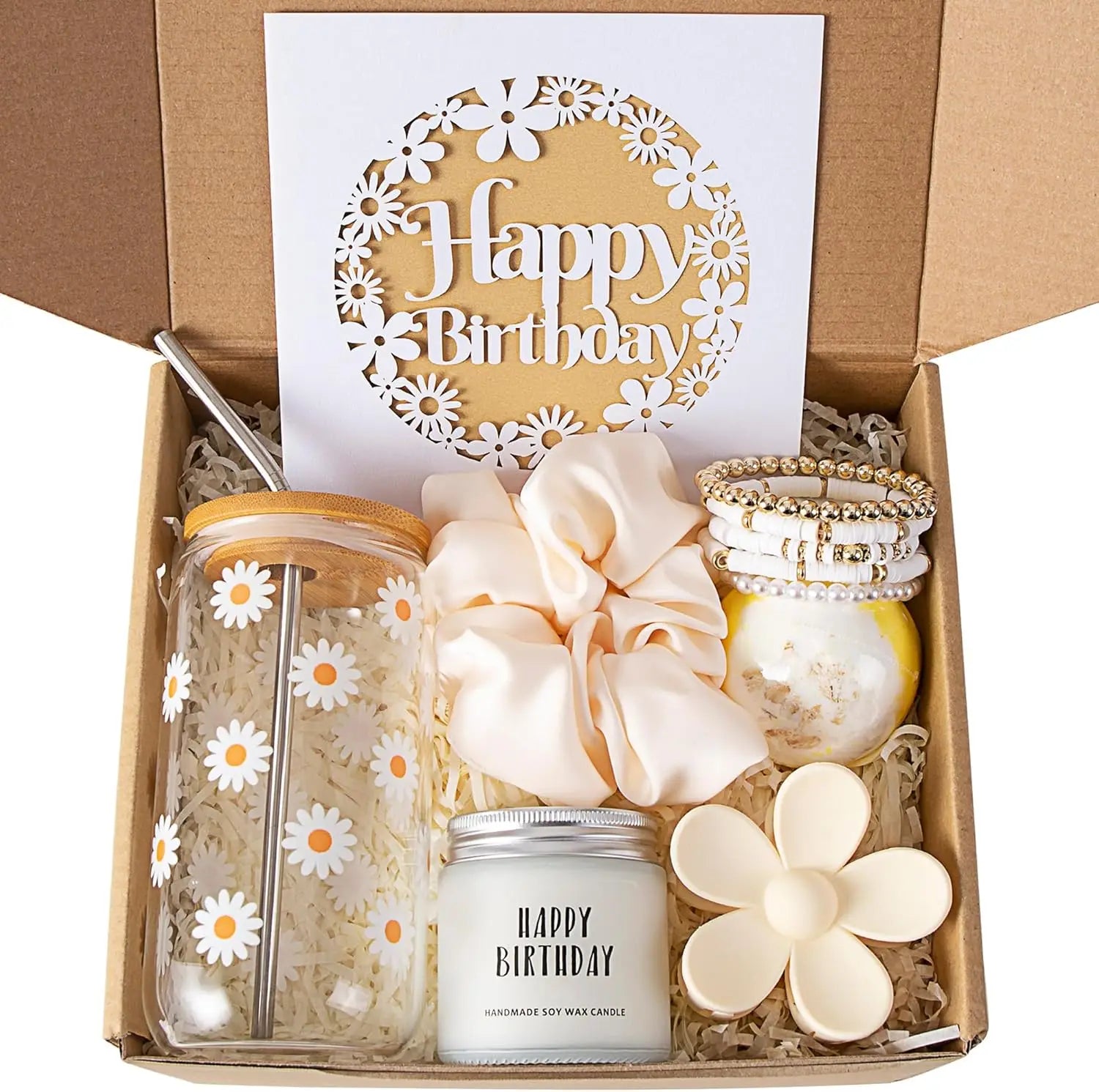 Custom Logo Gift Set Daisy Aesthetic Glass Cups Eco-friendly paper Gift Box Tea Cup Candles Happy Birthday Gift Sets for Women