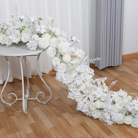 C-FR010 Wholesale Customized Artificial Silk Rose White Flower Table Runner Row for Wedding Party Event Decoration