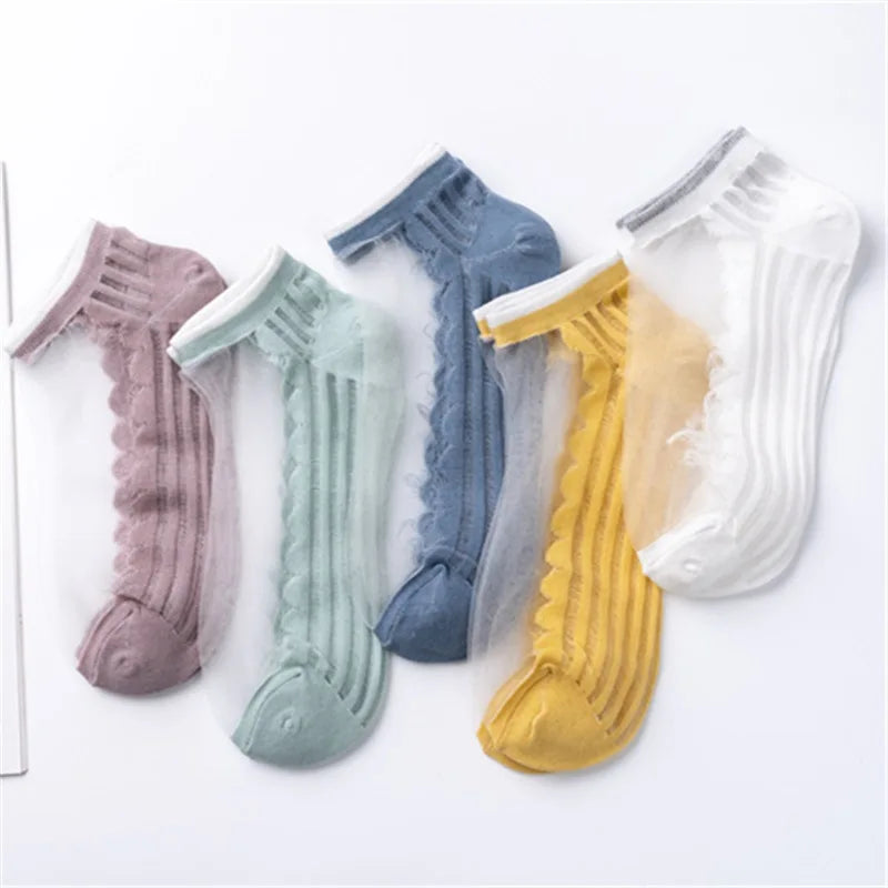 HF Summer Women's Breathable Cotton Crew Socks Thin Bottom Glass Fiber Transparent Design Daily Use with Body Logo