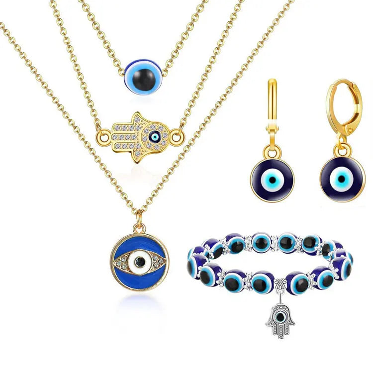 SC Fashion Turkey Devil Eye Amulet Jewelry Set Zircon Prayer Palm Blue Devil Eye Charm Necklace Earrings Bracelet Sets for Women