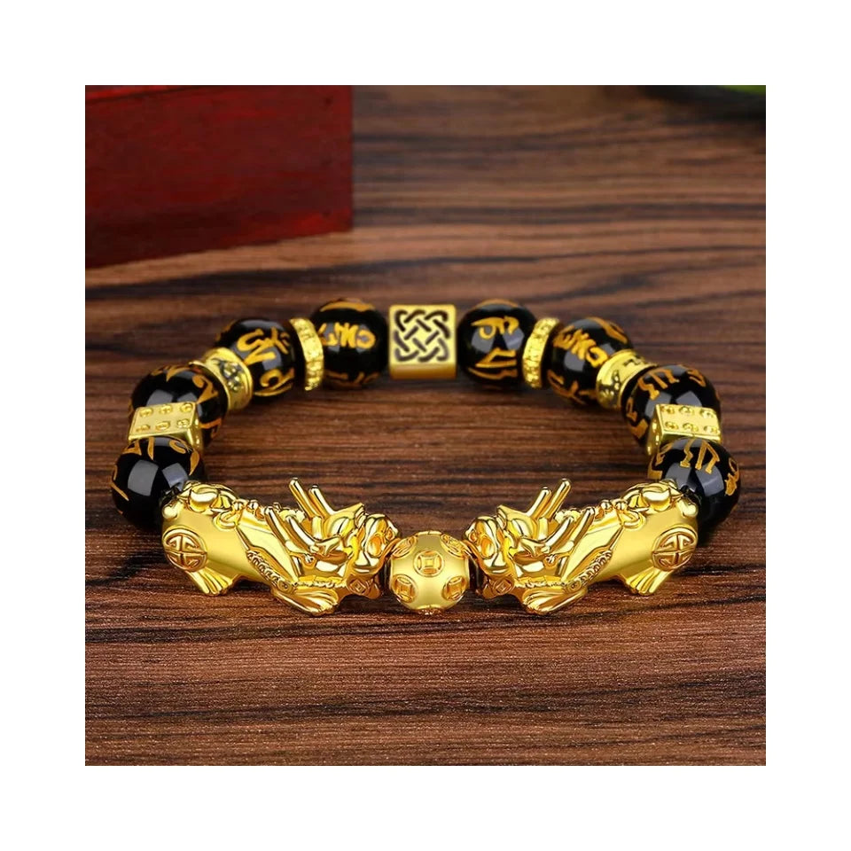 12mm Feng Shui Bead Bracelet Black Obsidian Wealth Good Luck White Jade Bucket Beads Pixiu Bracelet