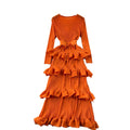 4666 Haute Couture Maxi Gown Flounces Pleated Long Sleeve Cake Dress Solid Digital Printing Woven Casual Summer Spring