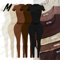 Custom Logo Brown Shades Casual Short Sleeve Loungewear Set for Women Tall Girl Ribbed Two Piece Set Autumn Outfits Women