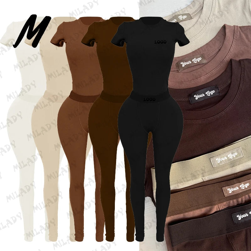 Custom Logo Brown Shades Casual Short Sleeve Loungewear Set for Women Tall Girl Ribbed Two Piece Set Autumn Outfits Women
