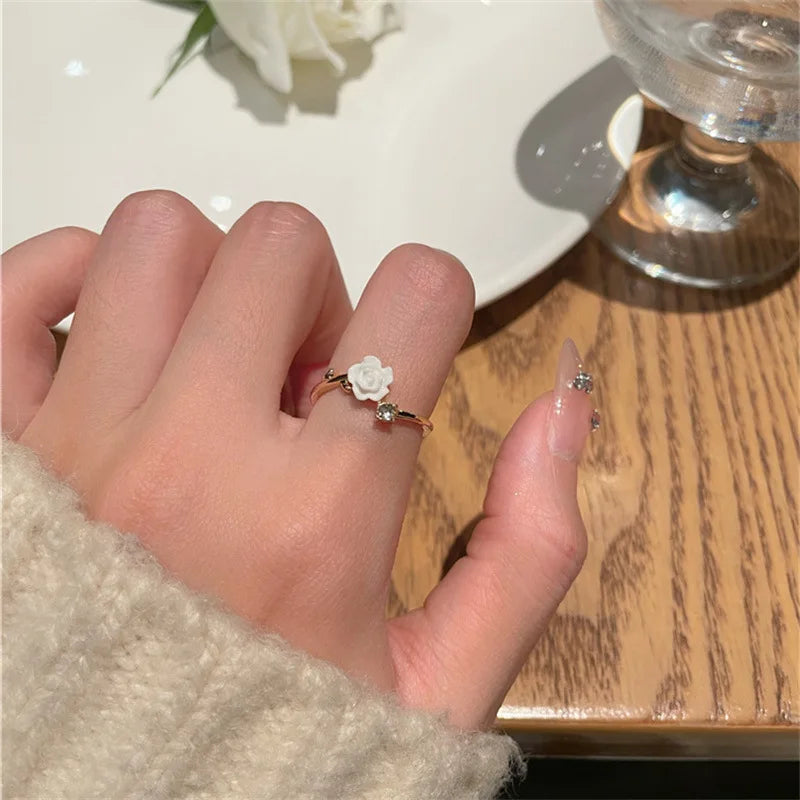 Ins Romantic White Camellia Ring Fashion Adjustable French Fresh Flowers Index Finger Ring for Women
