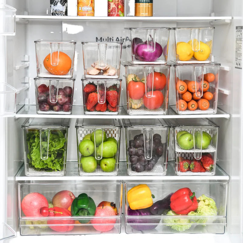 Choice Fun Stackable Plastic Fridge Organizer With Drain Fresh-Keeper Kitchen Storage Box With Handle Divider Plate