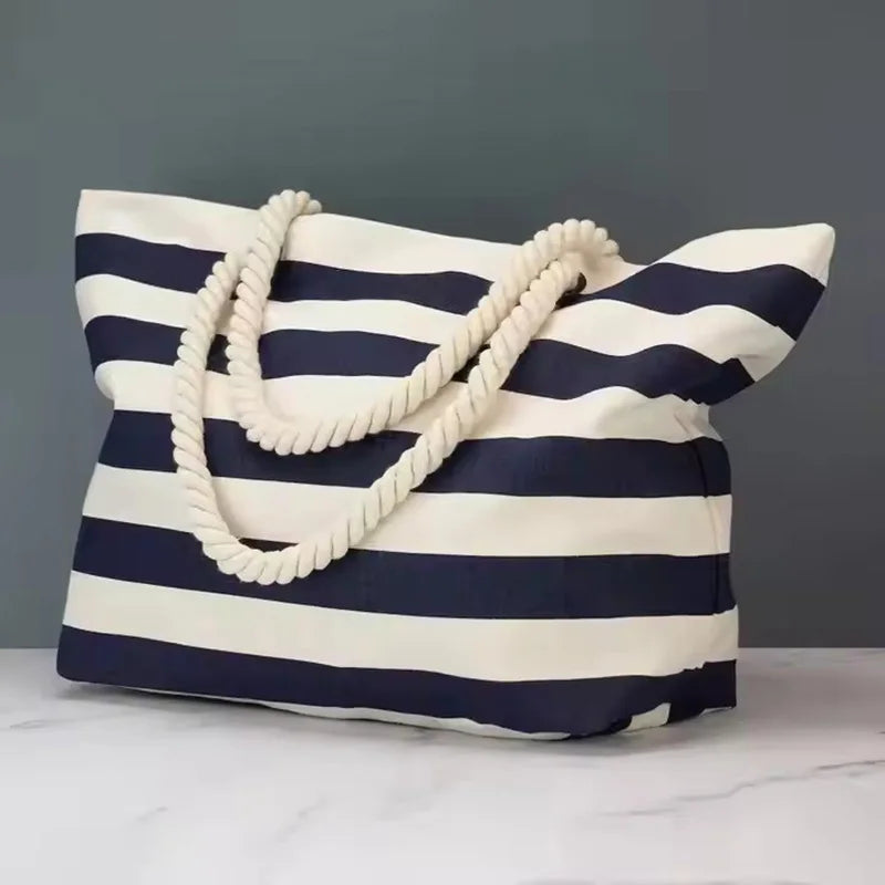 Strong Quality Striped Beach Tote Canvas  Bag Large Capacity Holiday Bag With a Zipper and Rope Handles for Women