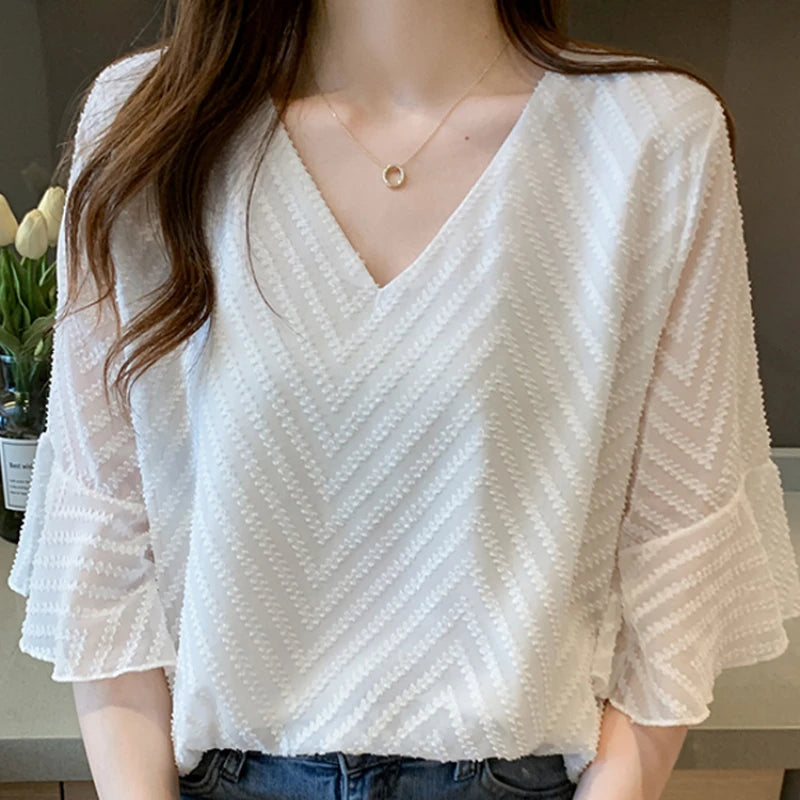 0129# Summer Women V-Neck Chiffon Blouse Shirt Women Tops Short Sleeve Women Blusas Mujer De Moda 2026 Verano Blouses