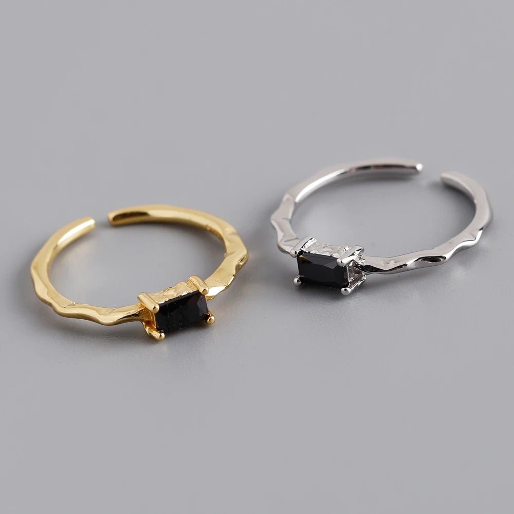 Dropshipping 925 Sterling Silver Irregular square Black Zircon Opening Ring Jewelry for Women
