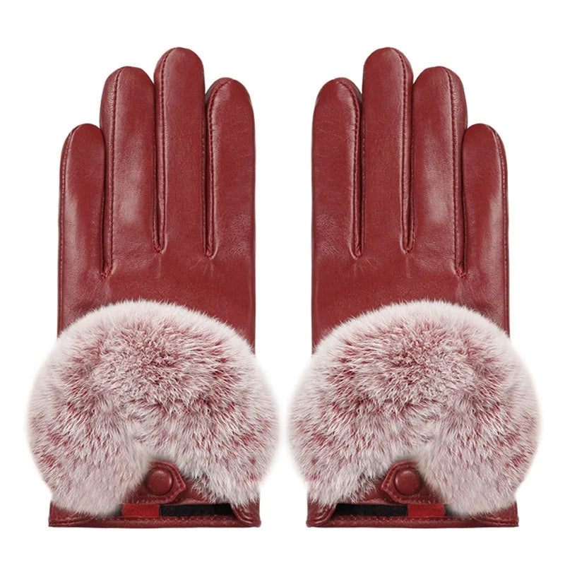 Wholesale Elegant Fashion Touch Screen Driving Women Winter Rabbit Fur Leather Gloves