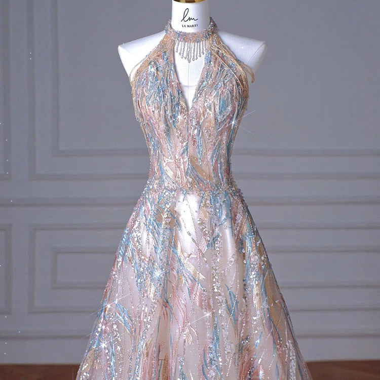 S8096F Hanging Neck High -level Sense New Light Luxury High -end Bride Banquet Long Elegant Women Wedding Dresses