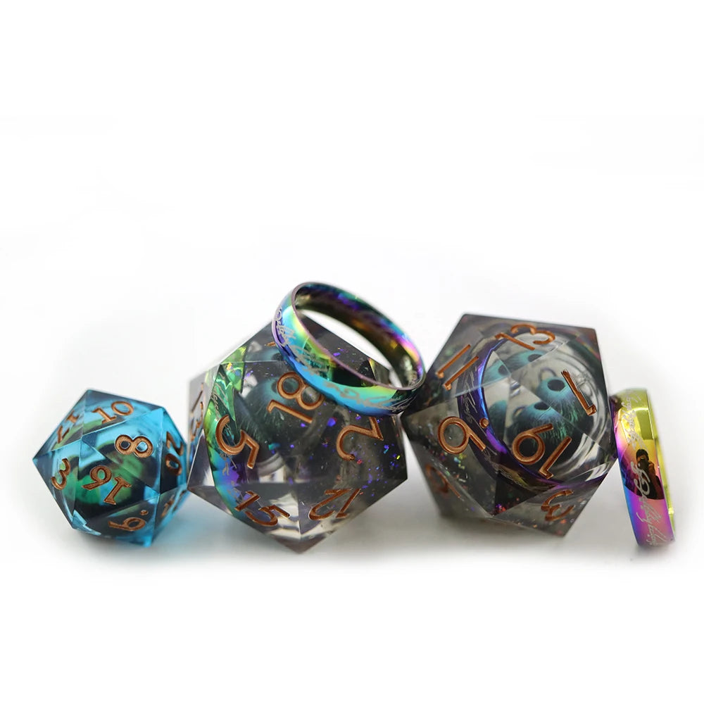 Custom Dark DND D20 Soft Edge 33mm Single Polyhedron Dice Inlaid with Colorful Rings Inside Batch