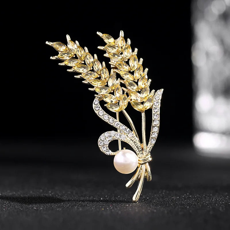 Yellow Champagne Shining Plant Harvest Wheat Ear Brooch Collar Pearl Pins Suit Shining Women's Jewelry Coat Clothes Accessories