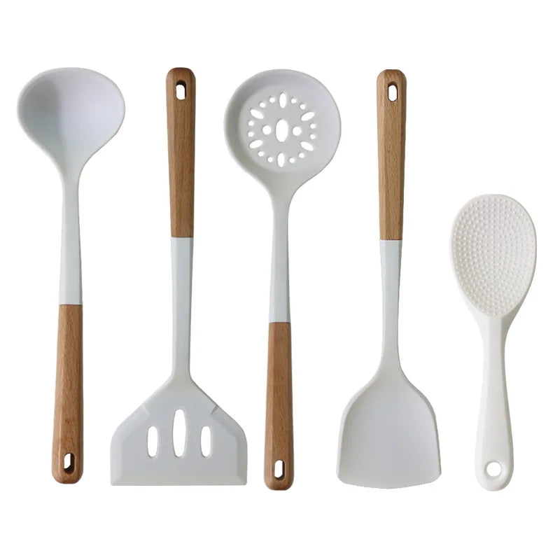 Manjia Food Grade Silicone Cooking Utensils Set Newest Black White Cookware Kitchen Tools Sets