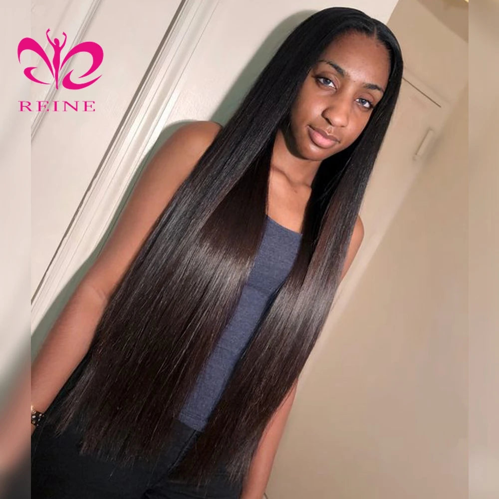 REINE 30 Inch Virgin Human Hair Wigs Brazilian Peruvian Silk Straight Natural Black 4X4 Cuticle Aligned Middle Part for Wig