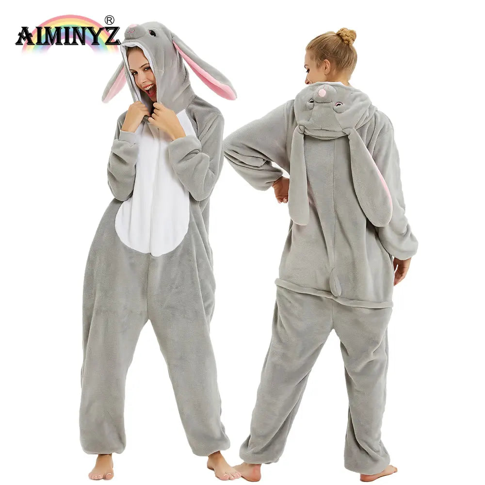 Plus Size Autumn Adult Cartoon Animal Thermal Hooded Onesie Pajamas Flannel Long Sleeved Casual Sleepwear
